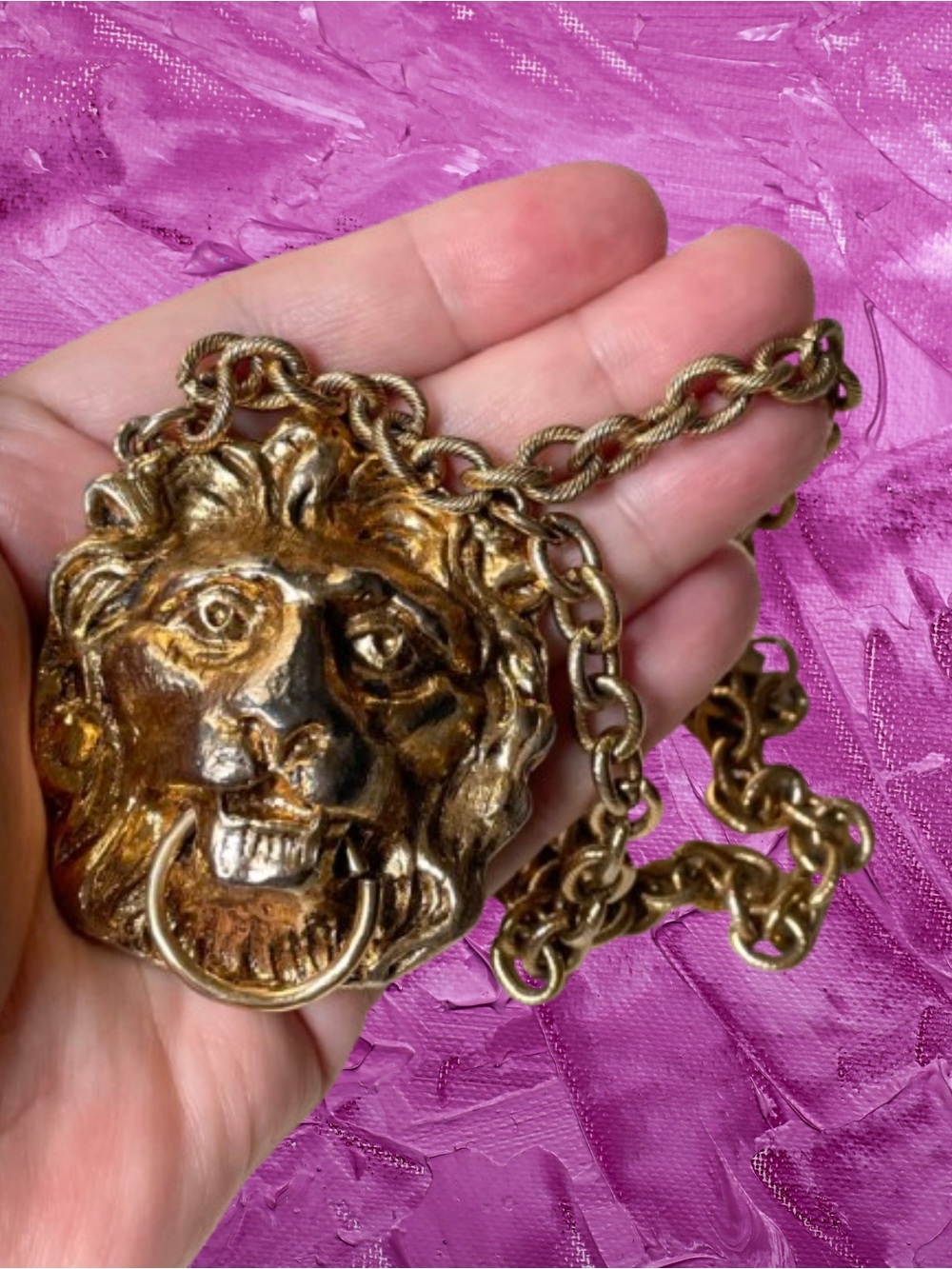 Vintage goldtone lion doorknocker statement medallion necklace Leo Napier?